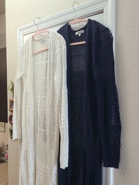 HOOKED UP Knit Long Cardigan. Size M Set Of 2! Navy And Off White.  60/70's Vibe